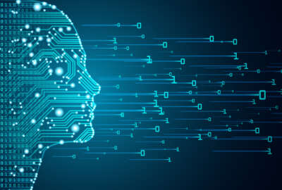 Big data and artificial intelligence concept. Machine learning and cyber mind domination concept in form of women face outline outline with circuit board and binary data flow on blue background.