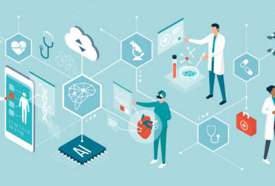 Doctors and researchers using innovative technologies for medicine and healthcare: artificial intelligence, virtual reality, drones, stem cells and digital organs